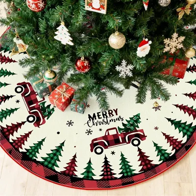 Image de Nappe ronde pour sapin de Noël, diamètre d'environ 120 cm, en polyester, couleur crème, avec motif de Noël