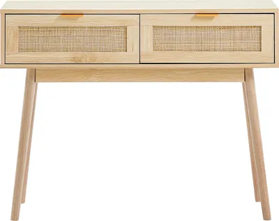 A light wood console table with two drawers featuring rattan inserts and brass handles, set against a white background.