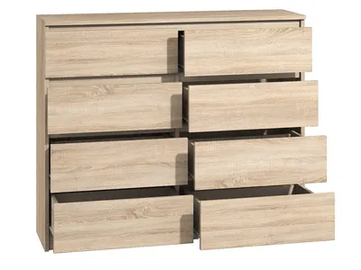 A chest of drawers with eight drawers, some of which are open.