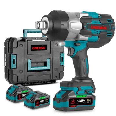 A cordless impact wrench set with batteries and a case, displayed against a white background.
