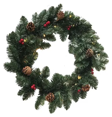 LED-Weihnachtskranz 60 cm mit Tannenzapfen und Kugeln