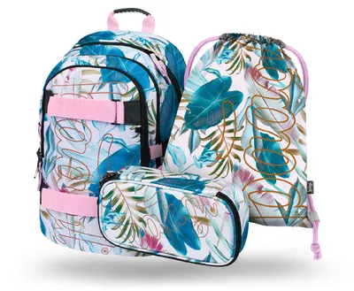 A set of three bags with a tropical leaf print, including a backpack, a pencil case, and a drawstring bag, displayed against a white background.