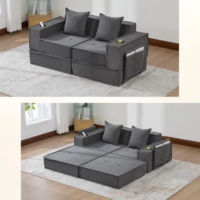 Produktbild von Modernes Doppelschlafsofa mit Stoffbezug, Zweisitzer, 2 Kissen, bequemer Sitz, Beige
