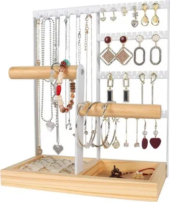 Produktbild von Famanu Schmuckständer mit Holzsockel - Aufbewahrung für Halsketten, Ringe, Ohrringe, Armbänder