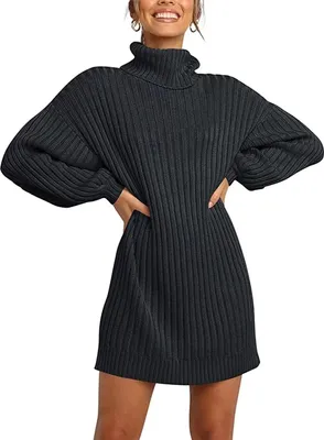 Image de ASKSA Femme Col roulé Robe Pull Unicolore Lanterne Manches Tunique Longue Tricot d'Hiver, Noir, M