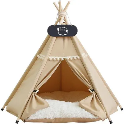 Zdjęcie produktu dla Namiot dla zwierząt domowych Unyqoos® typu tipi – namiot dla psów i kotów z grubą, zmywalną poduszką, wykonany z bawełny i oddychającego materiału, z elementami z drewna nowozelandzkiego, wymiary: 60 x 60 x 70 cm