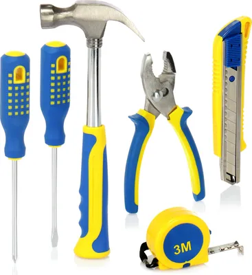 Produktbild von com-four® 6-teiliges Werkzeug-Set mit Maßband, Cuttermesser, Schraubendreher, Hammer und Zange - Ideal für unterwegs und zum Basteln