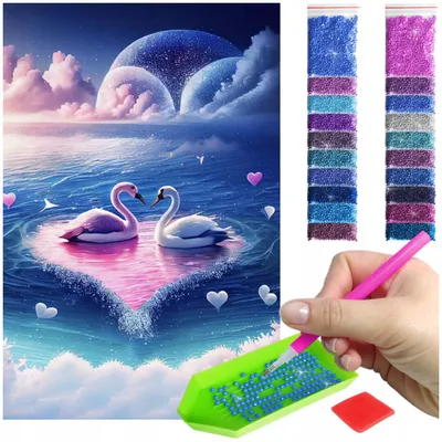 Zdjęcie produktu dla Haft diamentowy ARTULIO - Dwa łabędzie na jeziorze nocą - 60 x 40 cm - Diamond painting, Kompletny zestaw: mozaika + akcesoria