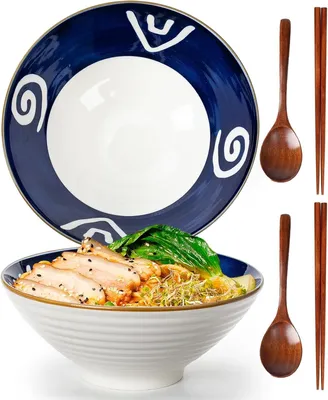 Produktbild von Keramische Ramen-Schalen Set, 2-teilig, 1200 ml, mit Stäbchen und Löffeln, für Pasta