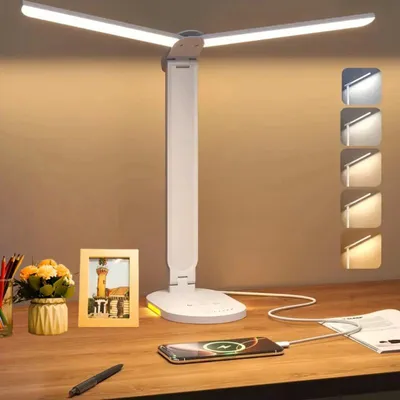 Produktbild von Dimmbare LED-Schreibtischlampe,Doppelarm-Schreib-tischlampe mit 5 Farben und10 Helligkeitsstufen,Büro-lampe/Schreibtischlampe mit Ladefunktion,Berühre