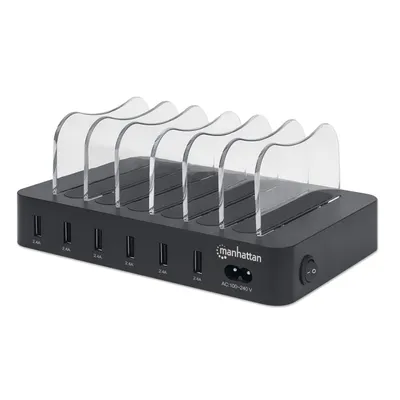 Produktbild von Manhattan 6-Port USB-Ladestation, Sechs USB-A-Ports, bis zu 2,4 A/5 V pro Port, 50 W Ausgangsleistung gesamt, schwarz, Schwarz, CE FCC RoHS WEEE ETL, 100 - 240 V, 1 A, 155 mm, 125 mm