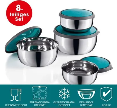 Produktbild von GOURMETmaxx Edelstahl-Schüsseln 8-teilig Set: 4 Schüsseln jeweils Deckel geeignet Spülmaschinen Mikrowellen Backofen Gefrierschrank stapelbar