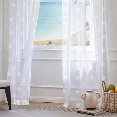 Image de Rideaux - Lot de 2 - Rideaux pour salon - Rideaux modernes - Transparents - Motifs étoiles de mer - Blanc - Courts rideaux de fenêtre de style marin