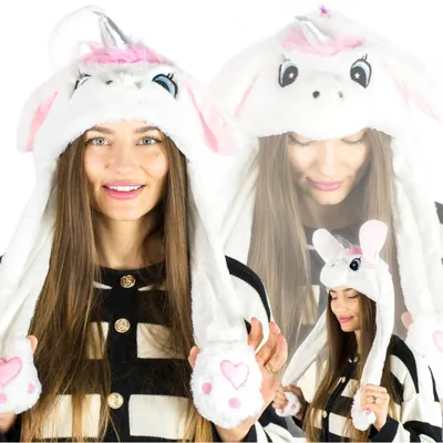Produktbild von Mütze mit beweglichen Ohren, weißes Einhorn, Pfoten, winkend, winterlich flauschig