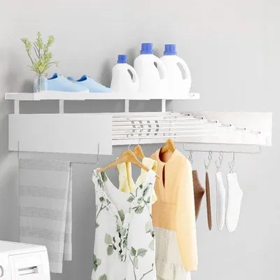 Produktbild von Famanu Wäschegestell 100 cm - Ausziehbarer Wäschetrockner mit Haken - Klappbarer Wandtrockner für Innen und Außen - Weiß