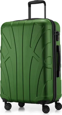 A green suitcase is shown from the front at a slight diagonal.
