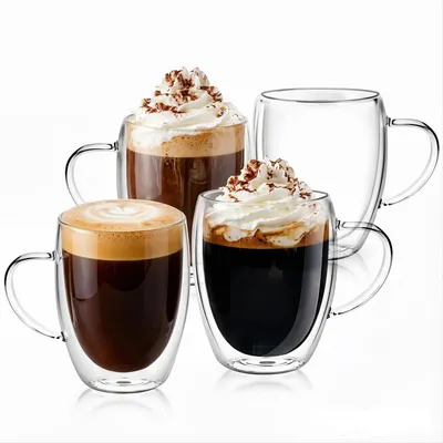 Productafbeelding van Dubbelwandige glazen koffiekopjes, set van 4, 350 ml, met handvat, transparant