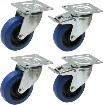 Produktbild von 4er-Set – 100 mm blaue Lenkrolle mit Elastikgummi, 150 kg Tragkraft, und 100 mm blaue Feststellrolle mit Elastikgummi