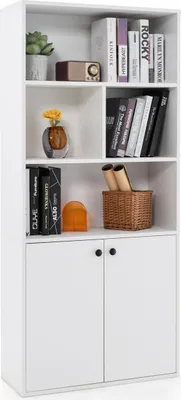 Zdjęcie produktu dla COSTWAY 5-poziomowy regał na książki, 155 cm biblioteczka z podwójnymi drzwiami, otwartymi półkami i regulowaną półką, regał stojący Regał do przechowywania Biały