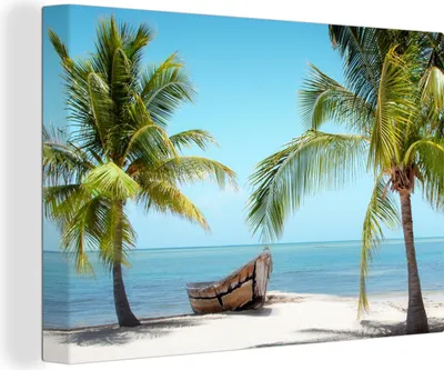 Produktbild von OneMillionCanvasses® - Leinwandbilder - 150x100 cm, Palme - Boot - Strand, Wandbilder Kunstdruck Wanddekoration - Foto auf Leinwand - Gemälde auf Holzrahmen