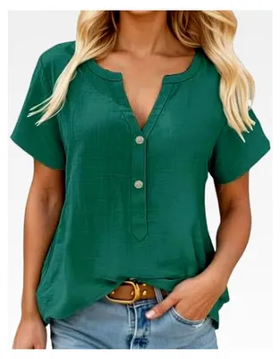 Produktbild von Musselin Leinenbluse Damen Sommer T-Shirt mit Knöpfen, Cap Sleeve, V-Ausschnitt, Tunika Tops, Freizeit Longbluse, Leinenshirt, Leinenhemd, Große Größen