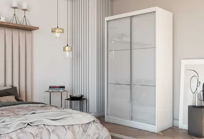 Produktbild von AGMAT Schwebetürenschrank Viva, Kleiderschrank mit 2 Türen und Spiegel, Moderne Garderobe in Farbe: Weiß, Schrank in Größe: 150 x 216 x 61 cm