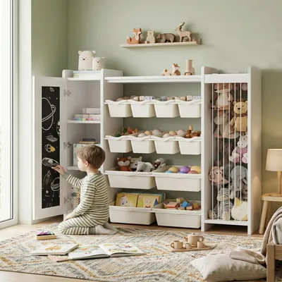 Produktbild von MODFU Kinderregal Weiß mit 12 Aufbewahrungsboxen, Spielzeugschrank mit Kreidetafel, Kinderzimmer Organizer Standregal mit Kuscheltierfach