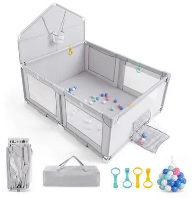 Productafbeelding van COSTWAY Babyloop, 223 x 150 cm, geschikt voor kinderen van 0-3 jaar, met basketbalring, voetbalnetten, 50 speelballen, net en draagtas, grijs