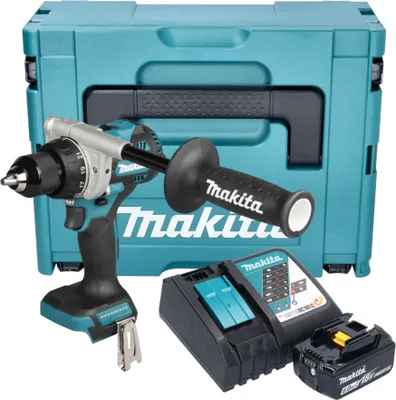 A cordless drill, battery, charger, and storage case are displayed.