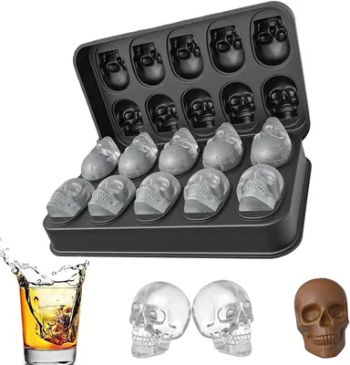 Imagen del producto de Moldes de silicona para hacer cubitos de hielo con forma de calavera, sin BPA, con tapa. Ideales para whisky, cócteles y licores