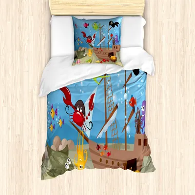 Produktbild von ABAKUHAUS Pirat Mantele, Schiff Unterwassertiere, Milbensicher Allergiker geeignet mit Kissenbezügen, 135 cm x 200 cm - 80 x 80 cm, Mehrfarbig