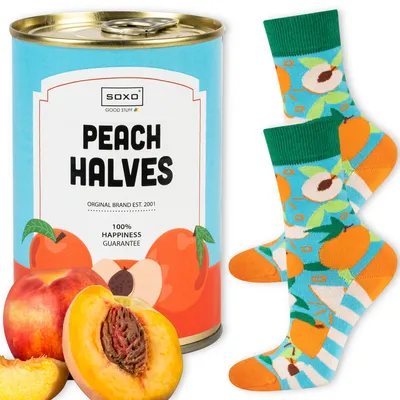 Produktbild von Socken in Dose - Ideal für ein Geschenk - Pfirsiche in Dose Motiv von SOXO - Damen - Baumwolle - Lustige und bunte - Größe: 35-40
