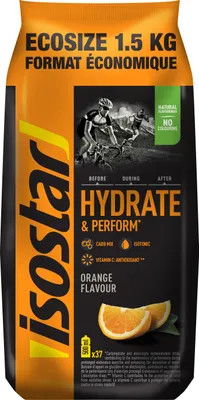 A bag of Isostar Hydrate & Perform orange flavour sports drink mix.