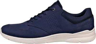A side view of a single blue shoe against a white background.