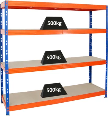 Produktbild von Profi Schwerlastregal RHINO | HxBxT 180x200x60cm | 4 Spanplatten-Ebenen 8mm | Fachlast 500kg | Blau/Orange