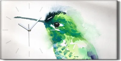 Produktbild von Wandbild Leinwand Bilder mit Uhr 60x30 Kunst Aquarell Grüner Vogel Kolibri - weiße Hände