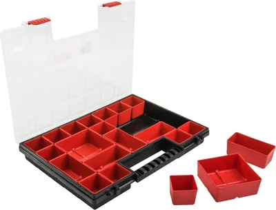 An open plastic organizer box with red compartments and a clear lid, shown against a white background. Several loose red compartments are placed to the right of the box.