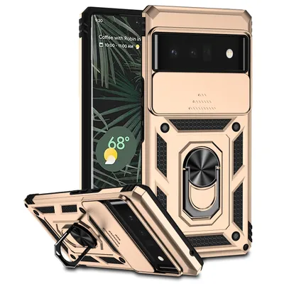 Immagine prodotto di Custodia per Google Pixel 6 Pro a doppio strato con copertura scorrevole della fotocamera e supporto ad anello Oro