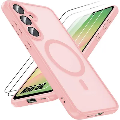 Image de Coque et 2 Verres Trempés pour Samsung Galaxy A56 5G, Protection avec Cerle Magnétique et Vitre Caméra - Rose