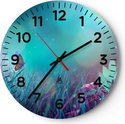 Produktbild von Wanduhr - Rund - Glasuhr - Schmetterling Wiese Blume - 40x40cm - Schleichendes Uhrwerk - Lautlos - zum Aufhängen bereit - Dekoration Modern - Wanddekoration aus Glas - C4AR40x40-4077