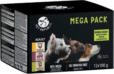 Zdjęcie produktu dla PetRepublic saszetki dla psa kurczak wołowina jagnięcina 12 x 100 g