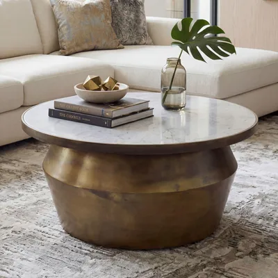 Image de FineBuy, table basse de 60 cm en aluminium avec plateau en marbre blanc, table ronde pour salon, table d'appoint, table basse, table de salon élégante, fabriquée à la main