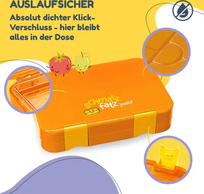 Produktbild von Schmatzfatz Junior Brotdose für Kinder mit Fächern, Bunte Kinder Brotdose, Bento Brotdose Unterteilt & Auslaufsicher, BPA-Freie Lunchbox für Kindergarten/Kita, Kinder Bento Box, Sichere Vesperdose