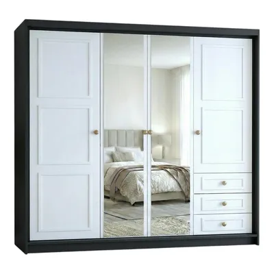 Produktbild von Geräumiger viertüriger Kleiderschrank OSLO mit Schubladen und Metallgriffen – modernes Design Farbe: Schwarz | Weiß