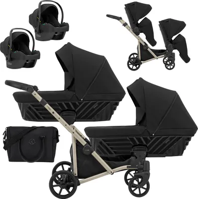 Produktbild von Kinderwagen IVENTO DUO 3 in 1 Komplettset Zwillingskinderwagen Geschwisterwagen Zwillingsbuggy Doppelkinderwagen (Deep Black, Rahmenfarbe: champagne)