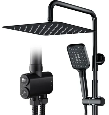Duschsystem ohne Armatur, 30x30 cm, schwarz, Regendusche, 3 Strahlarten