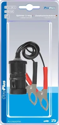 Productafbeelding van Sigarettenaanstekerstopcontact met accuklemmen, 12V/24V-16A, verpakt in een blisterverpakking