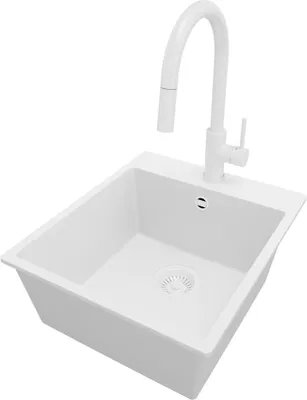 Produktbild von PRIMAGRAN Granitspüle Alles Weiß 43x50cm, Spülbecken 1 Becken + Küchenarmatur 40x20cm + Ablauf-Set, Küchenspüle ab 45er Unterschrank - Riga