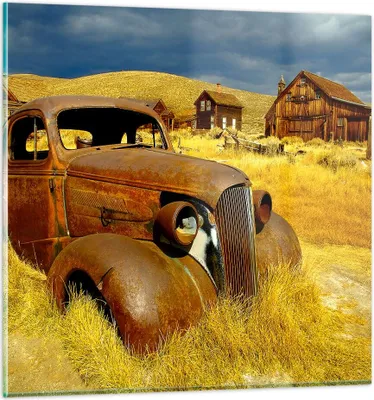 Produktbild von Bilder auf glas - Bauernhof altes Auto aufgegeben - 30x30cm - Glasbilder - Wandbilder - Kunstdruck - zum Aufhängen bereit - Wanddekoration aus Glas - Glas Bilder - Wandbild auf Glas - GAC30x30-1289