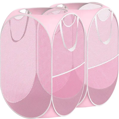 Productafbeelding van SimpleHouseware opvouwbare wasmand van netstof, met zijvak, roze, 2 stuks